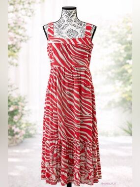 NWT Michael Kors Red & White Printed Maxi Dress | 100% Viscose | Sz L |MSRP $185